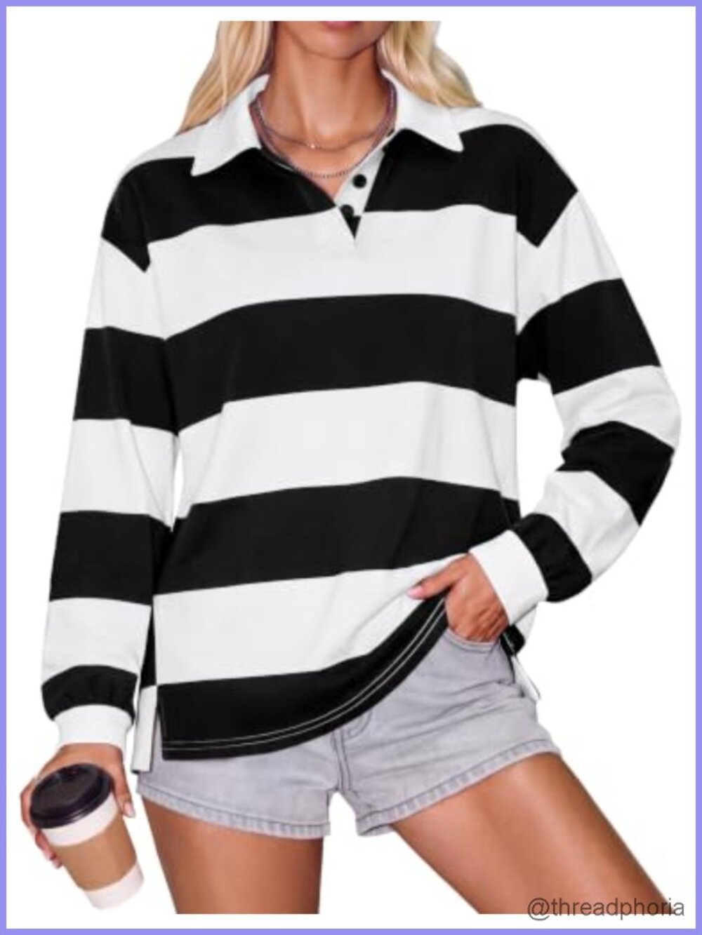 Women's Oversized Striped Long Sleeve Polo Shirt V-Neck